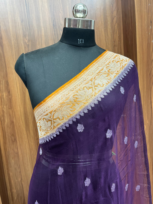 Dark Purple Kadhwa Handloom Khaddi Chiffon Banarasi Saree