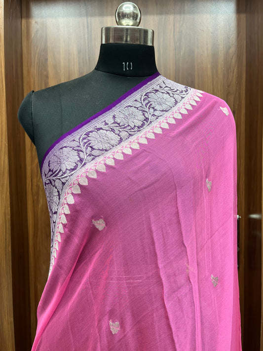 Pink Kadhwa Handloom Khaddi Chiffon Banarasi Saree