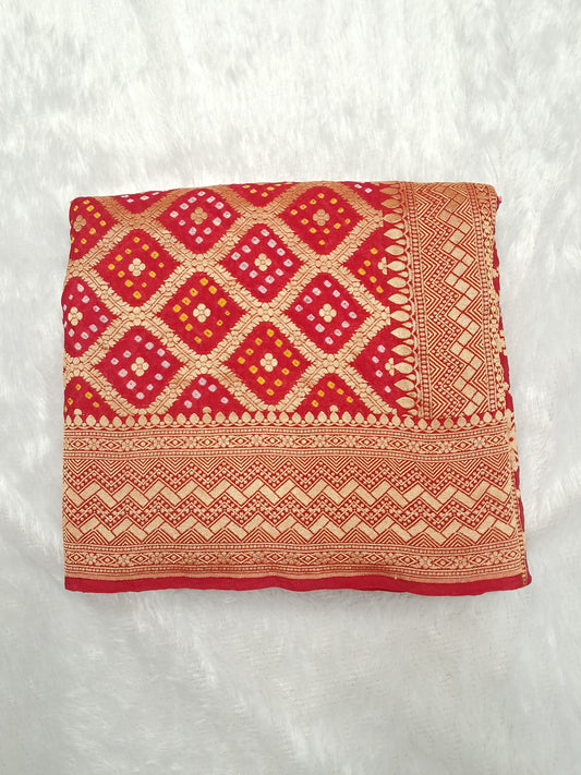 Red Bandhani Khaddi Georgette Banarasi Saree