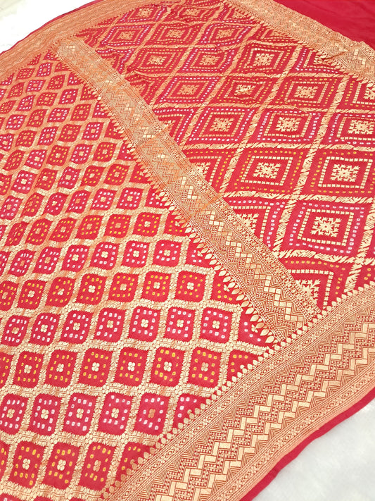 Red Bandhani Khaddi Georgette Banarasi Saree