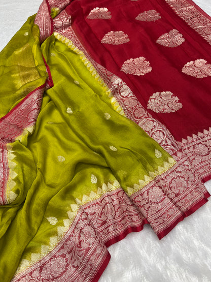 Pista Handloom Khaddi Chiffon Banarasi Saree