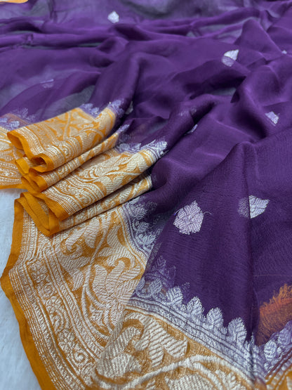 Dark Purple Kadhwa Handloom Khaddi Chiffon Banarasi Saree