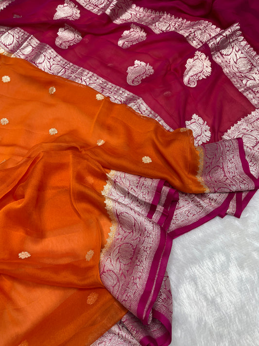 Orange Kadhwa Handloom Khaddi Chiffon Banarasi Saree