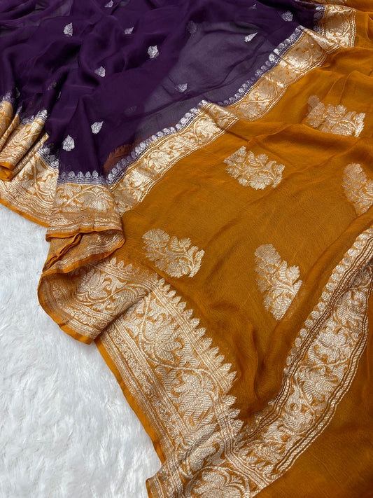 Dark Purple Kadhwa Handloom Khaddi Chiffon Banarasi Saree