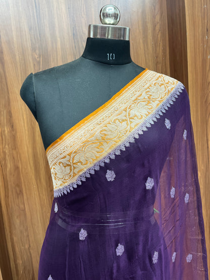 Dark Purple Kadhwa Handloom Khaddi Chiffon Banarasi Saree
