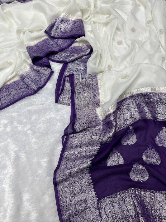 White Kadhwa Handloom Khaddi Chiffon Banarasi Saree