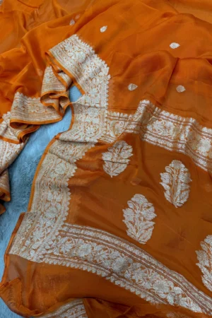 Orange Khaddi Chiffon Banarasi Saree