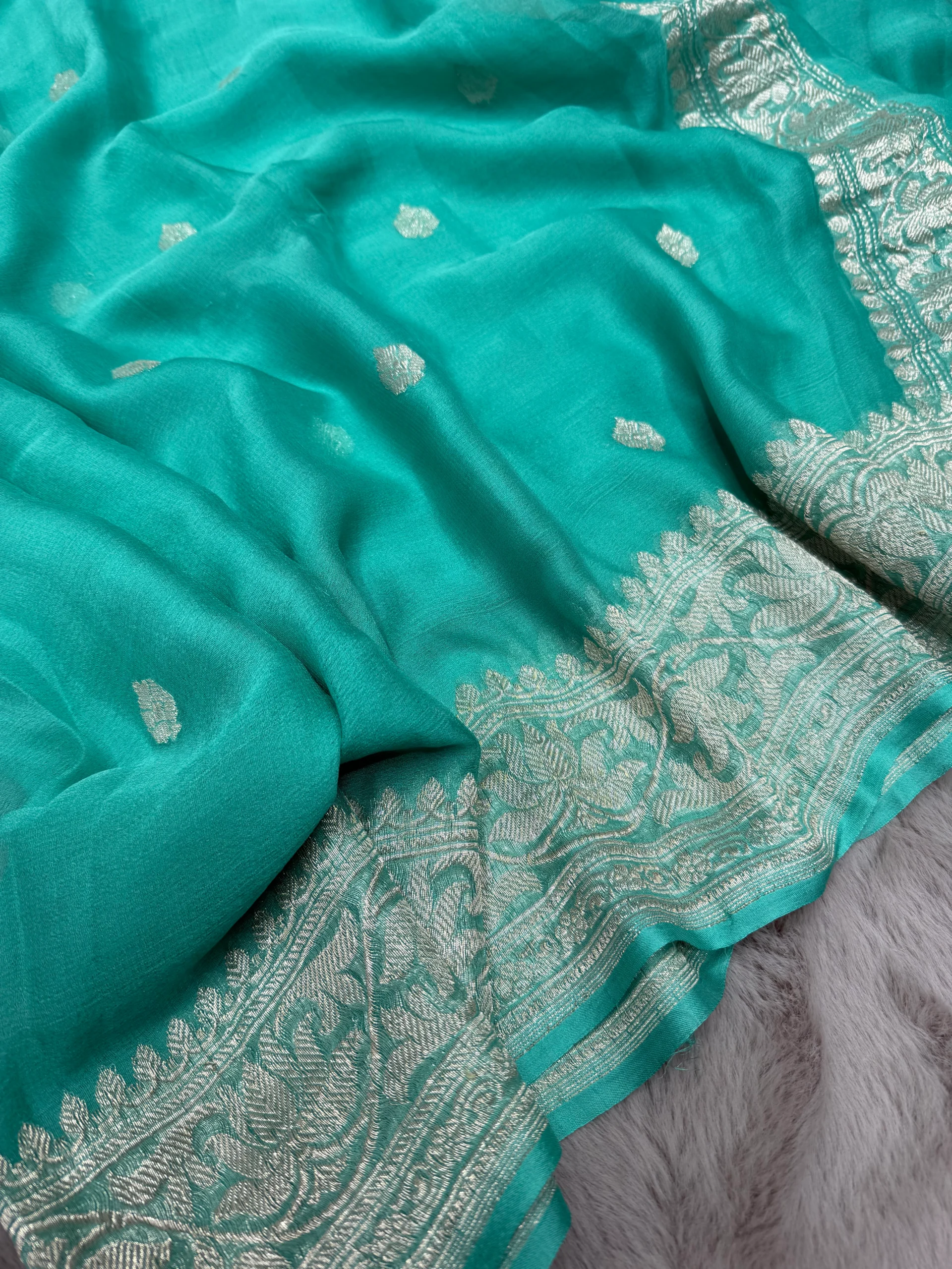 Sea Green Khaddi Chiffon Banarasi Saree - Image 2