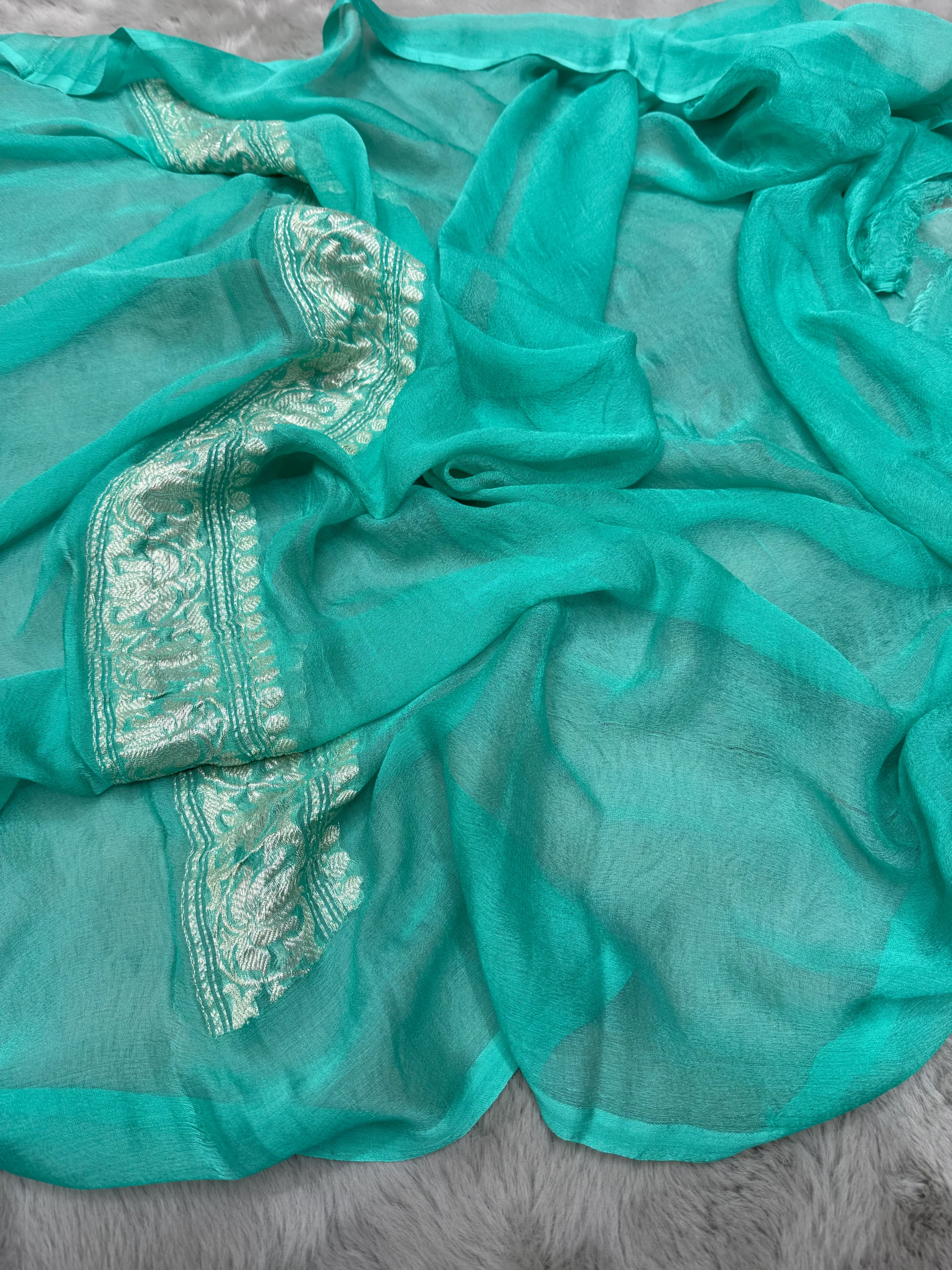 Sea Green Khaddi Chiffon Banarasi Saree - Image 4