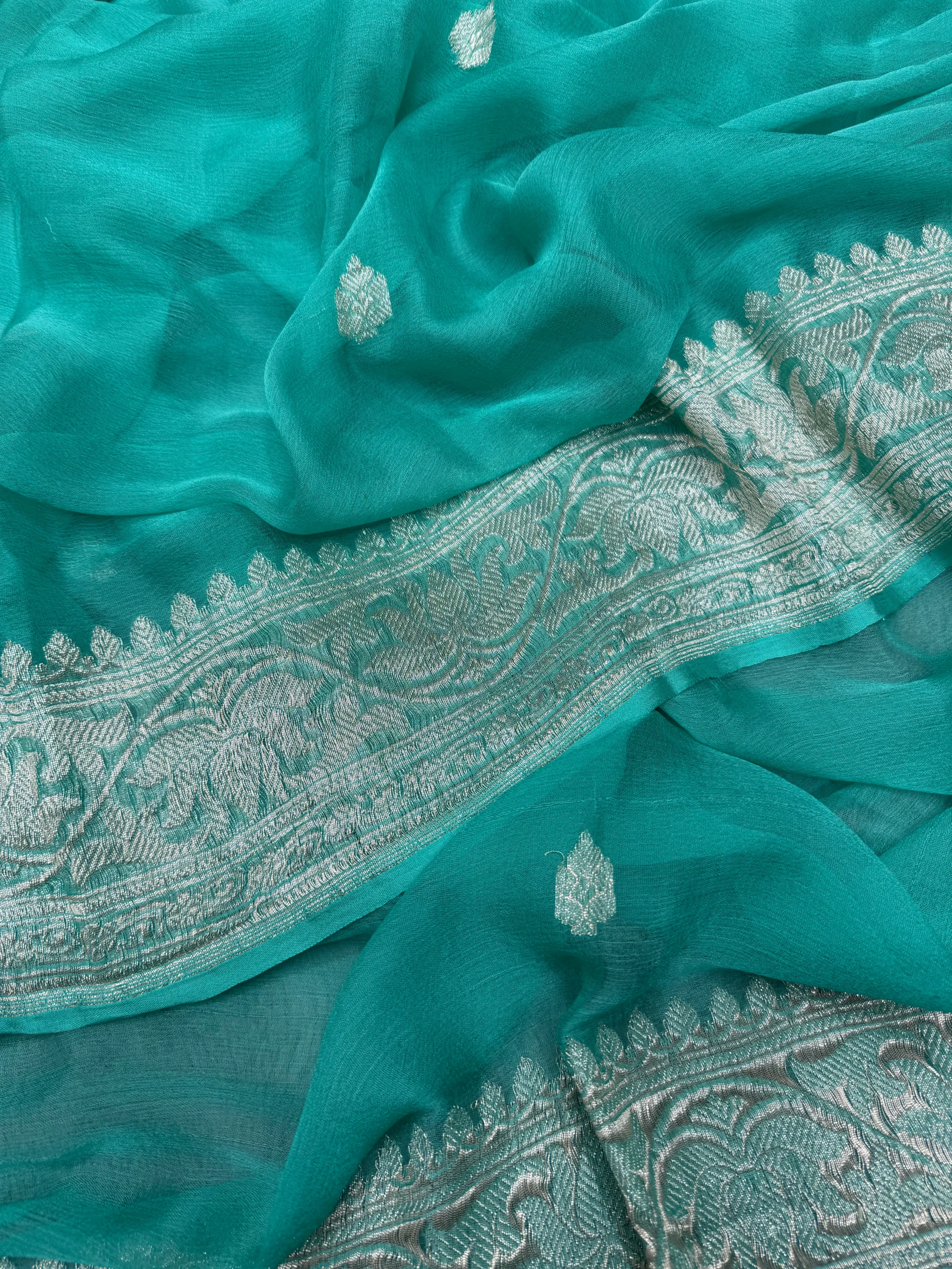 Sea Green Khaddi Chiffon Banarasi Saree - Image 3