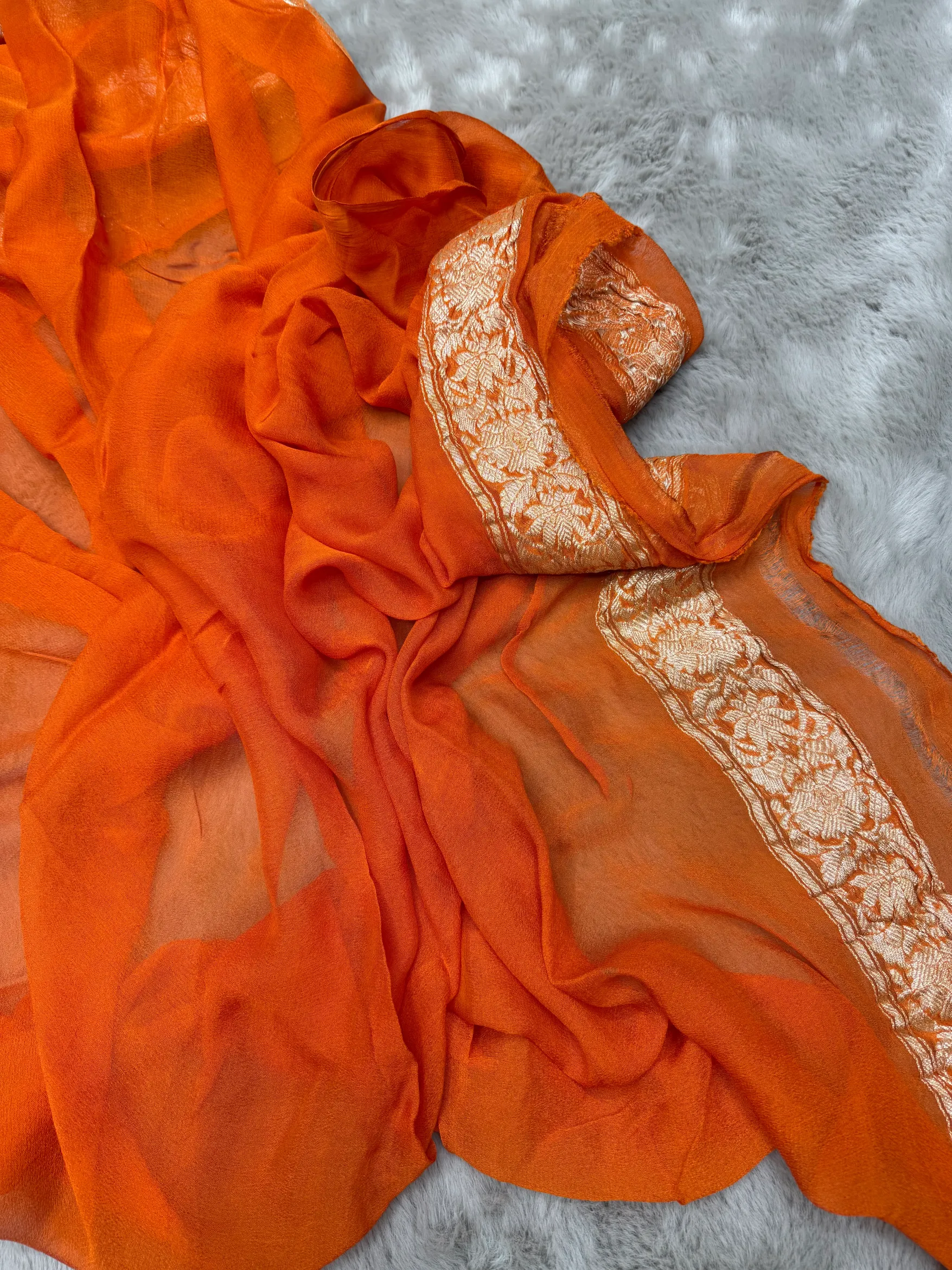 Orange Khaddi Chiffon Banarasi Saree - Image 4