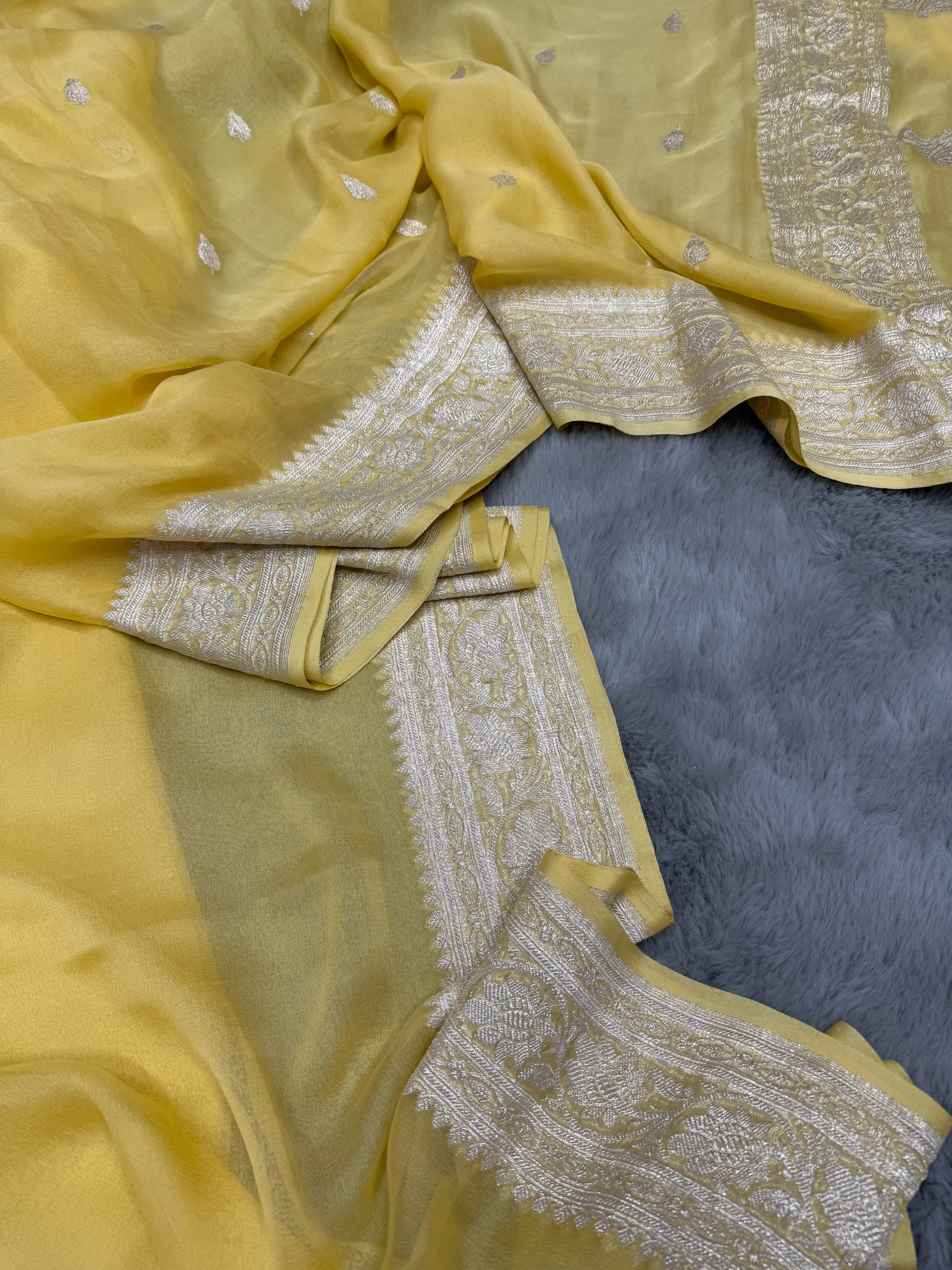 Yellow Khaddi Chiffon Banarasi Saree - Image 2