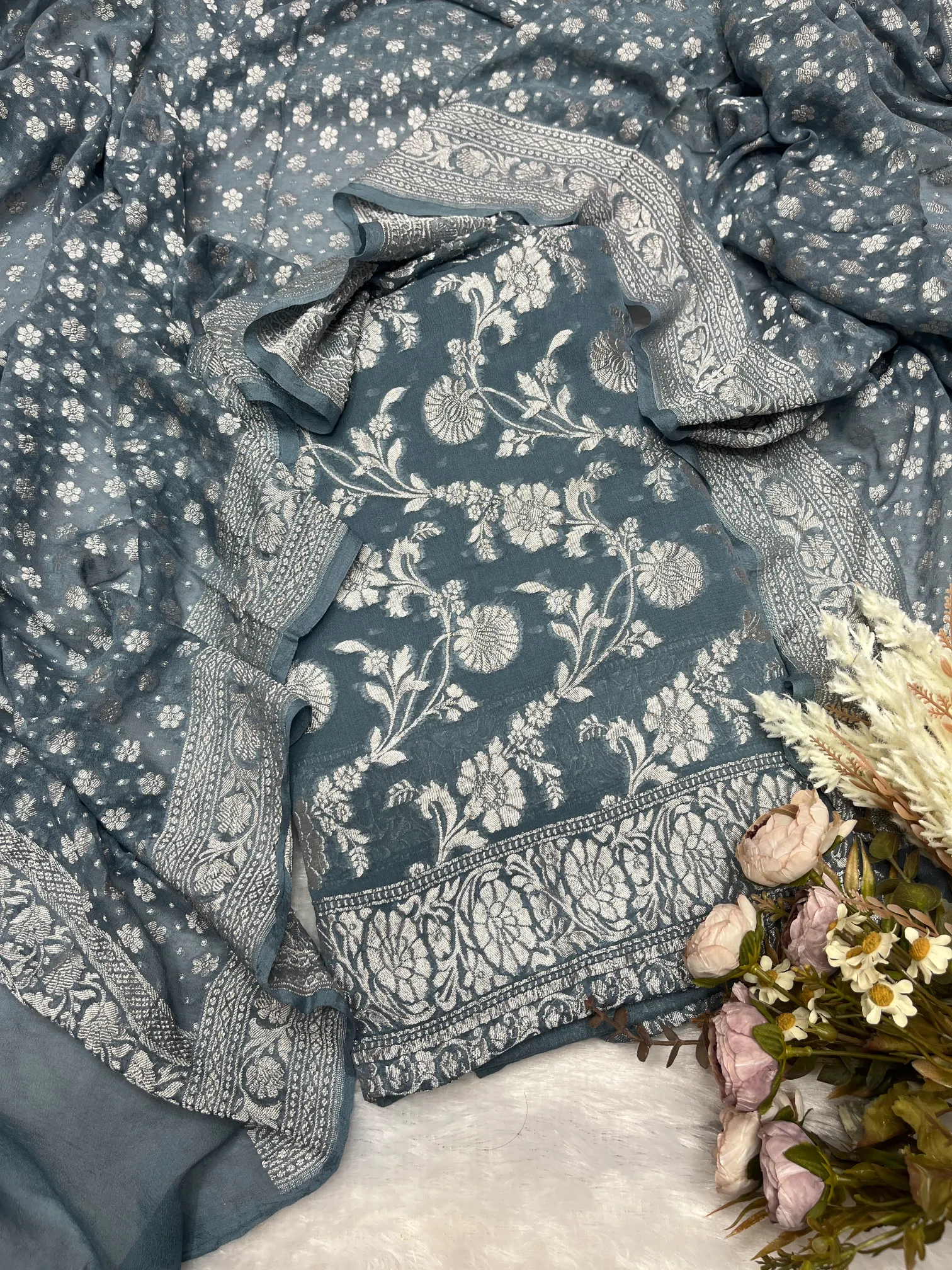 Grey Khaddi Georgette Banarasi Suit - Image 2