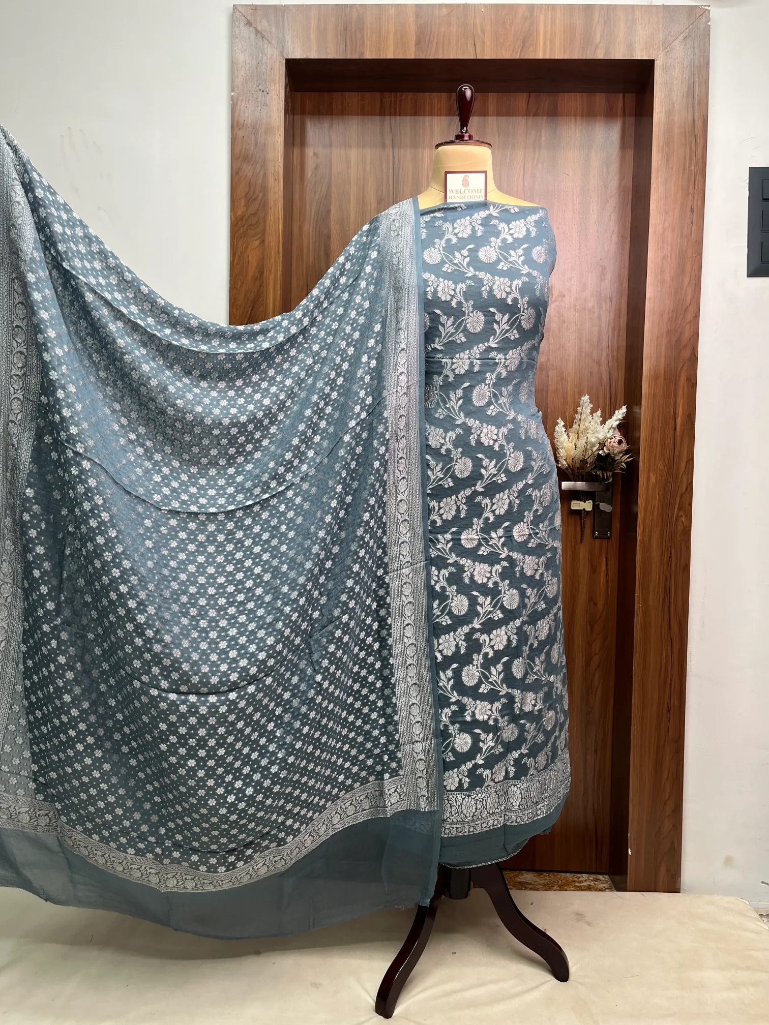 Grey Khaddi Georgette Banarasi Suit - Image 3