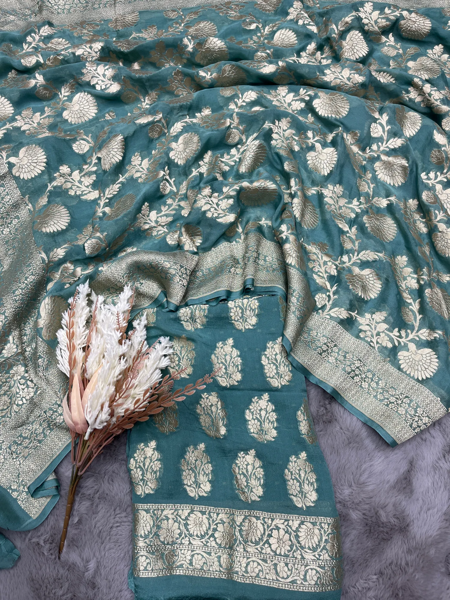 Mint Green Khaddi Georgette Banarasi Suit - Image 2