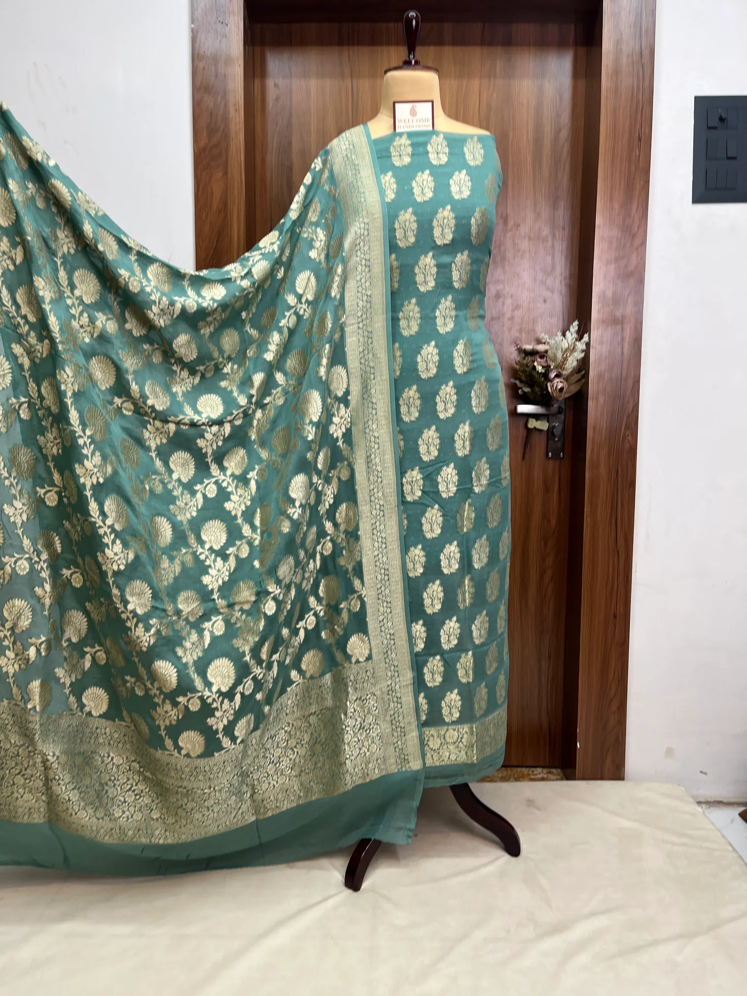 Mint Green Khaddi Georgette Banarasi Suit - Image 3