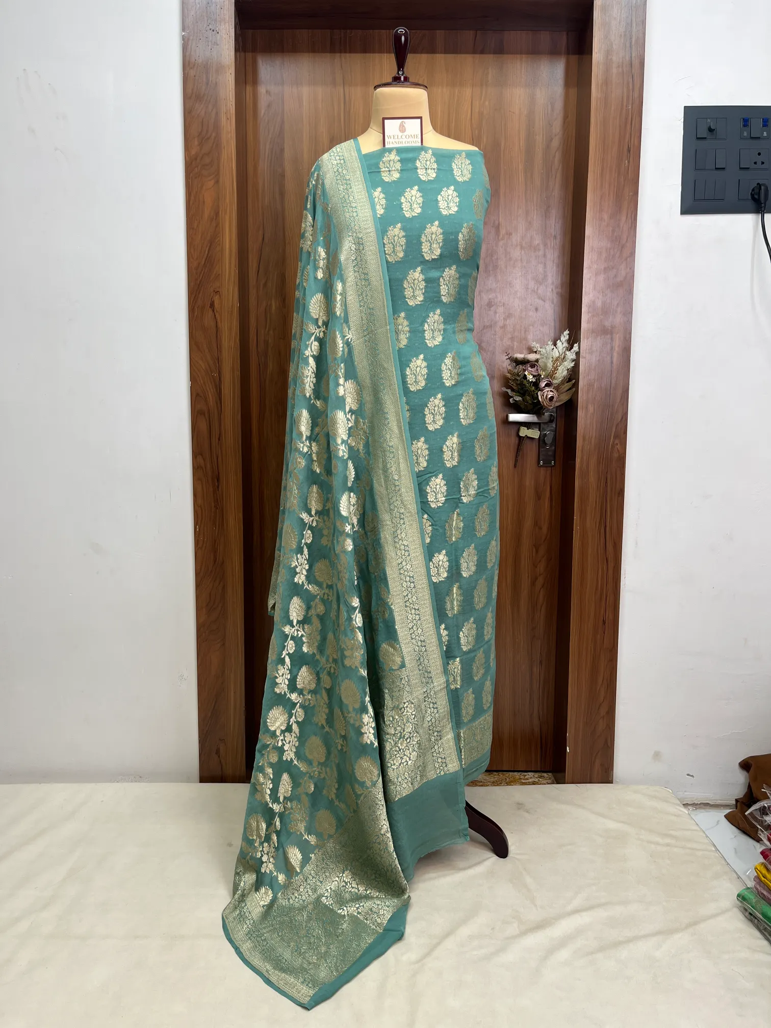 Mint Green Khaddi Georgette Banarasi Suit - Image 4