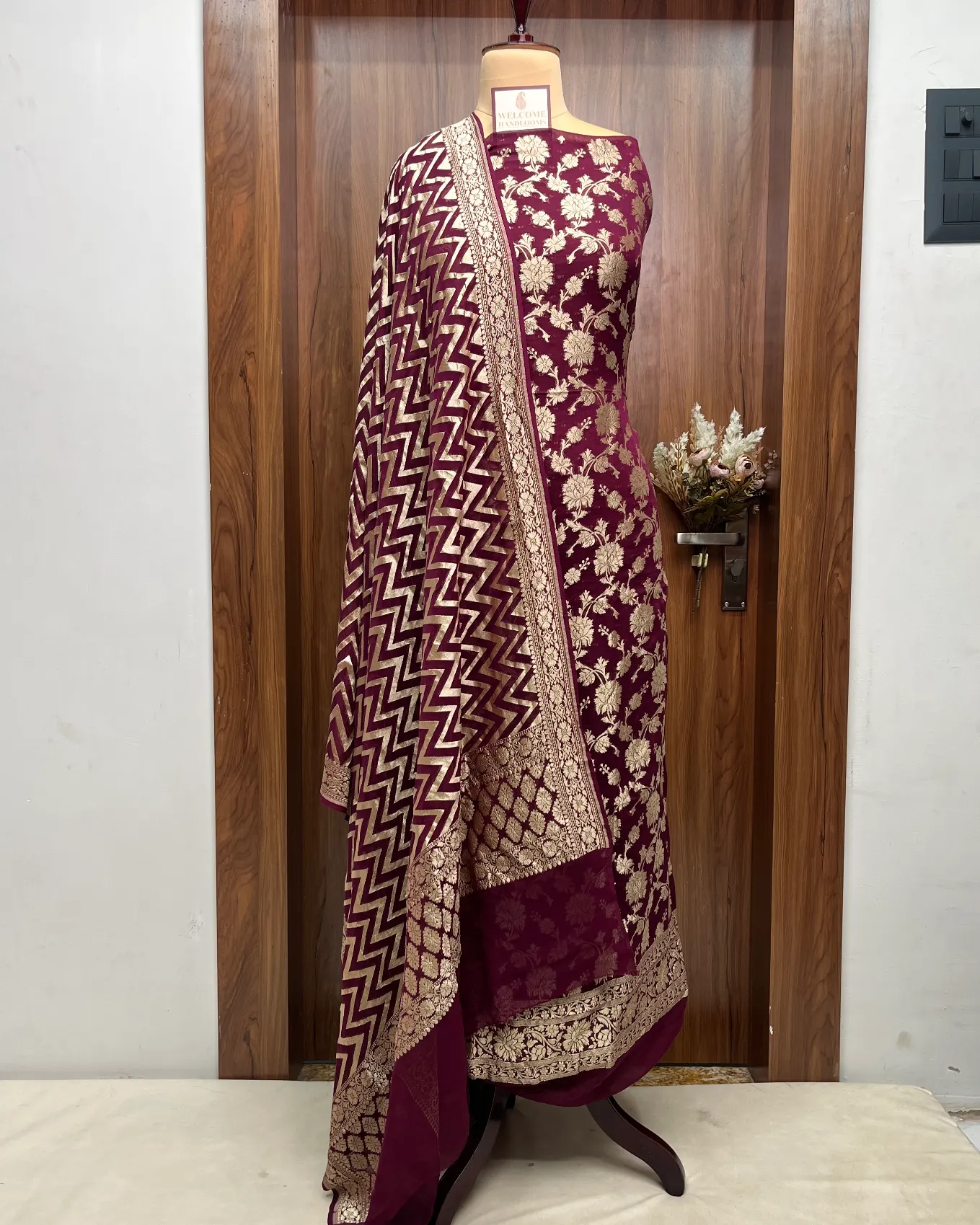 Maroon Khaddi Georgette Banarasi Suit - Image 3