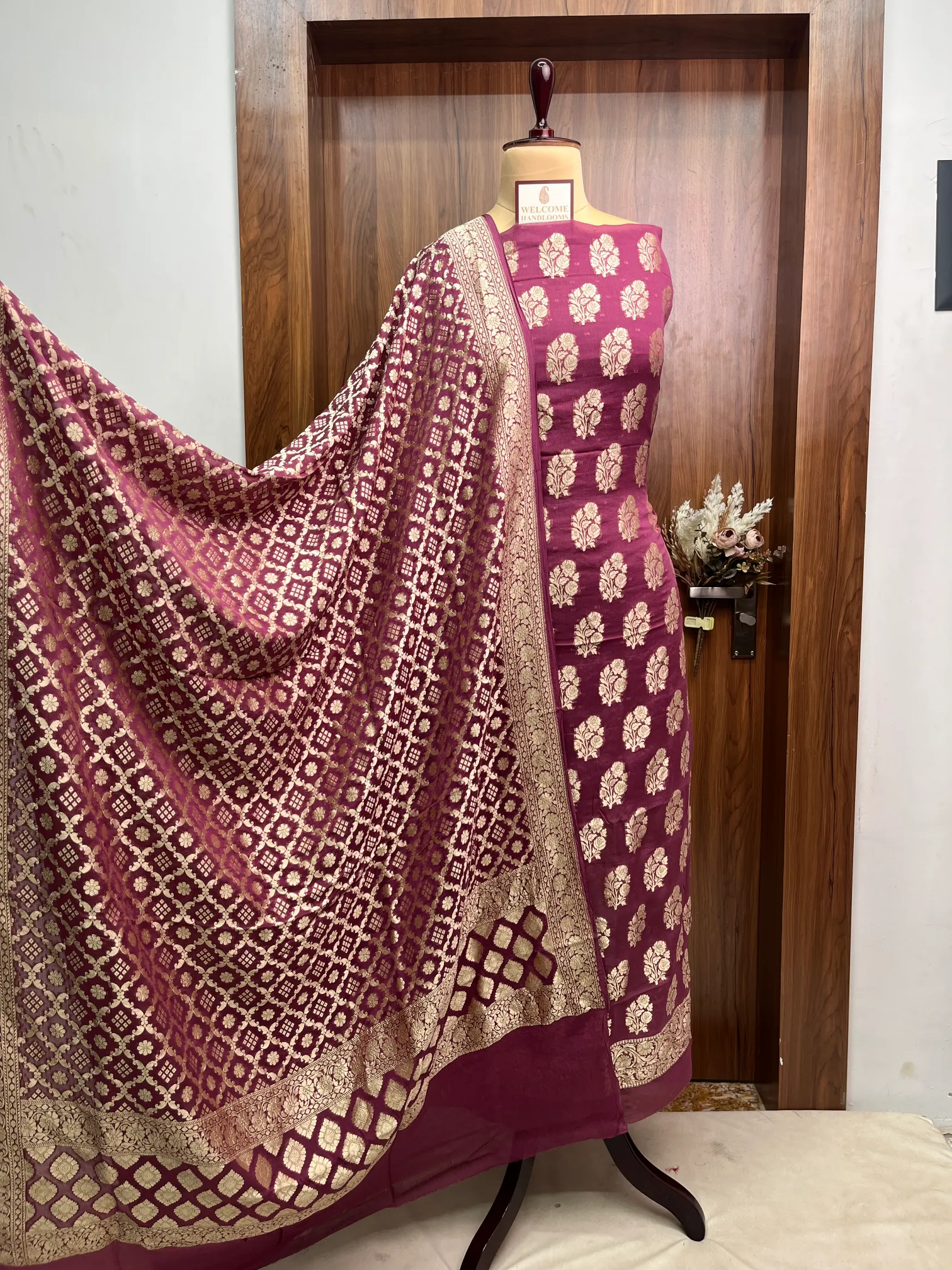 Wine Khaddi Georgette Banarasi Suit - Image 3