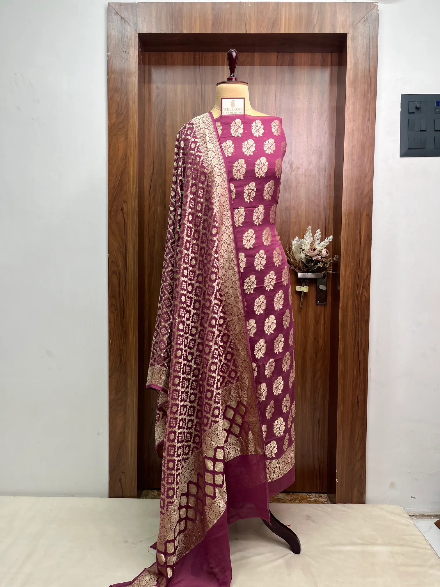 Wine Khaddi Georgette Banarasi Suit - Image 4