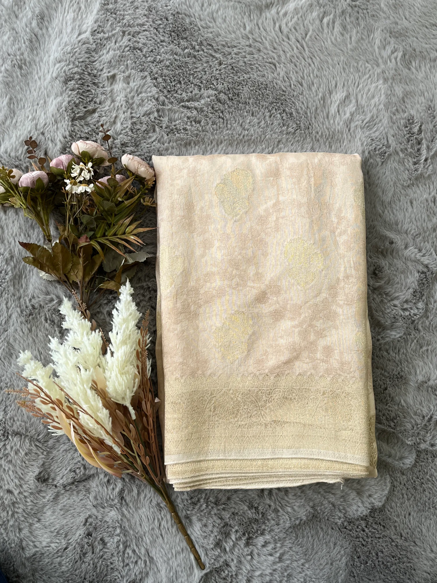 Beige Tanchui Buti Munga Silk Saree
