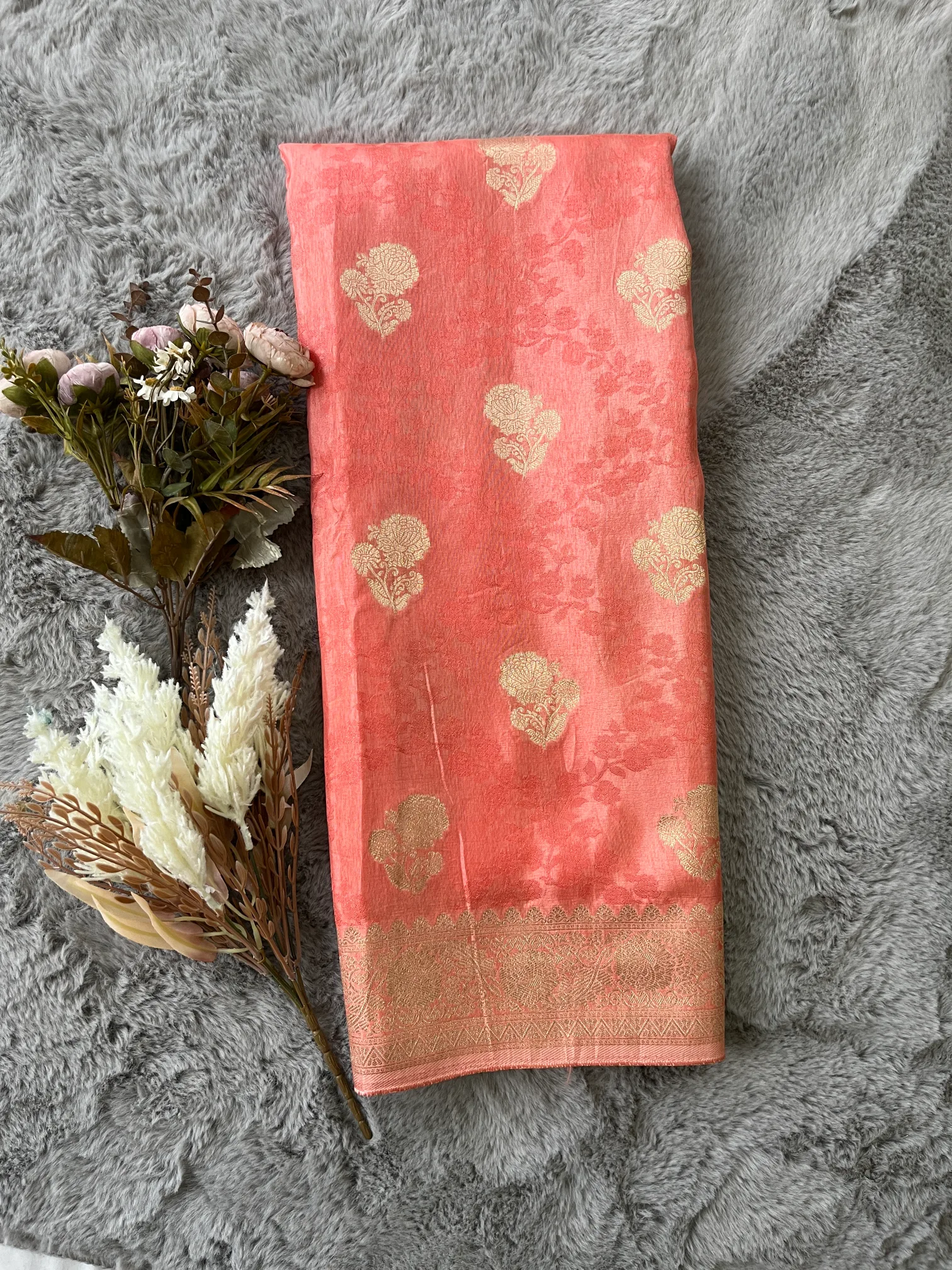Peach Tanchui Buti Munga Silk Saree