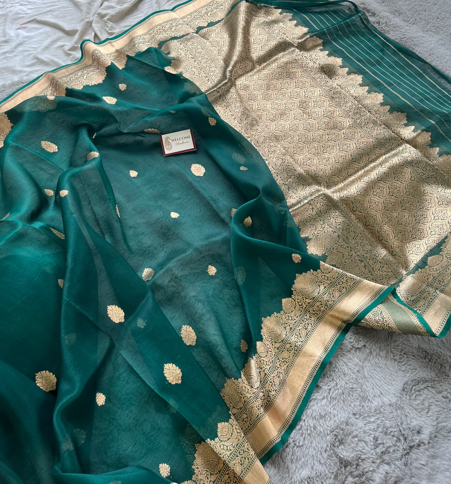 Green Pure Kora Silk Banarasi Saree - Image 3