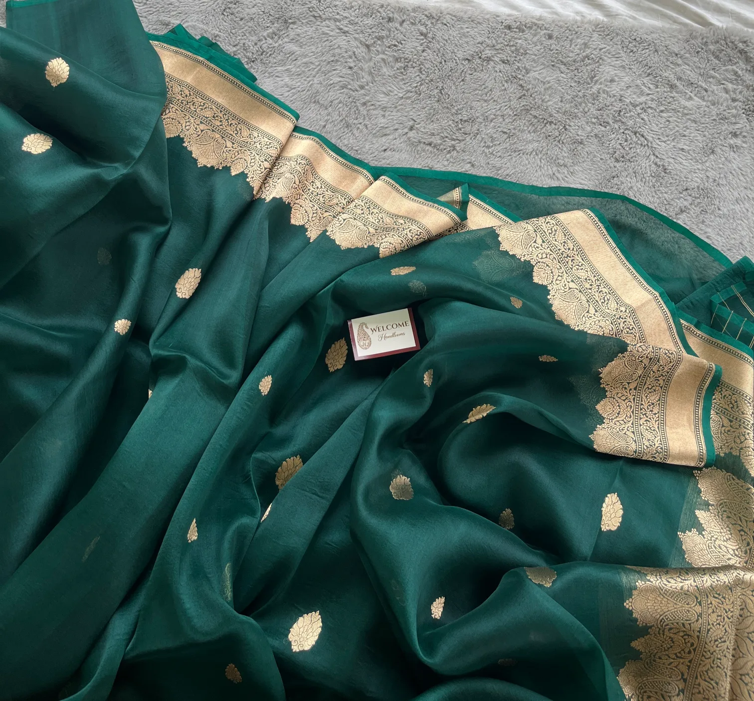 Green Pure Kora Silk Banarasi Saree - Image 4