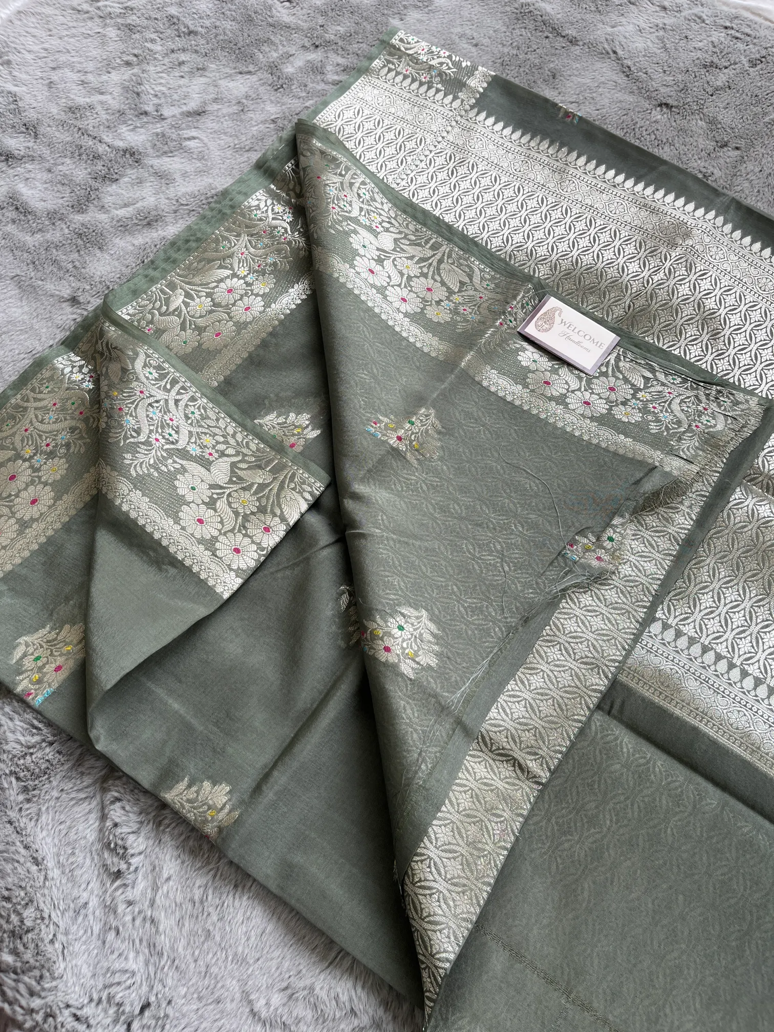 Grey Minakari Viscose Silk Banarasi Saree - Image 2