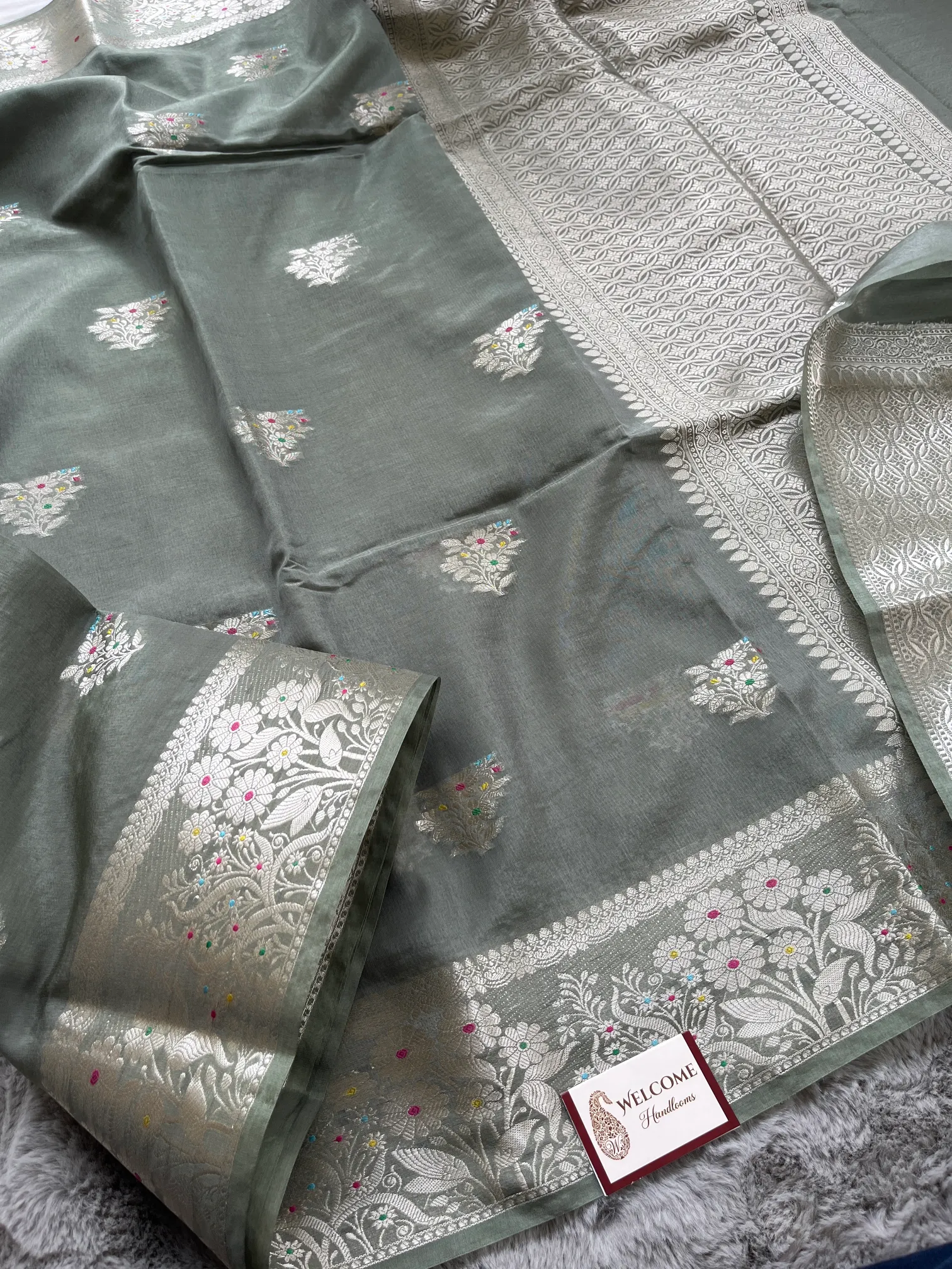 Grey Minakari Viscose Silk Banarasi Saree - Image 3