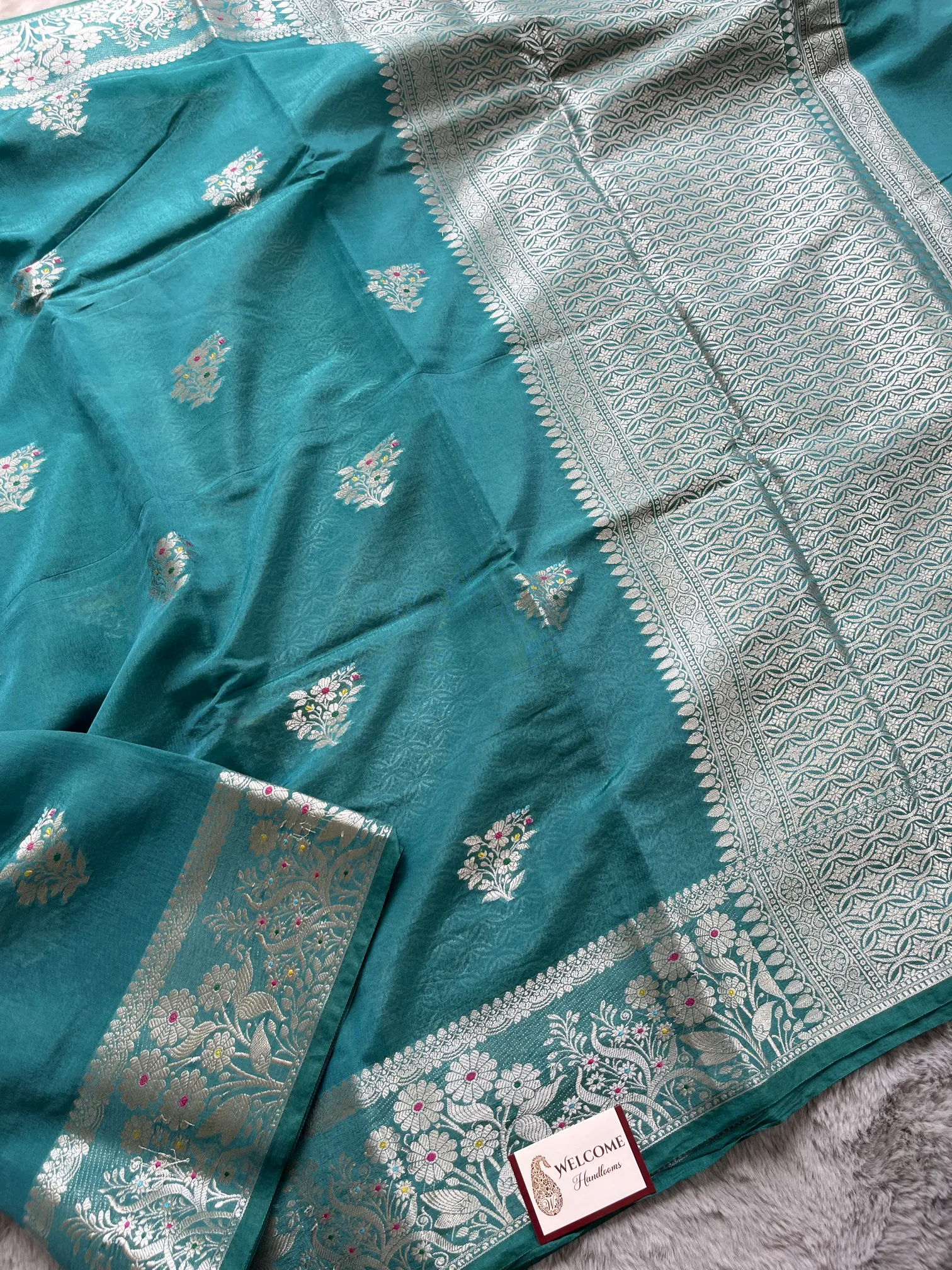 Mint Green Minakari Viscose Silk Banarasi Saree - Image 2