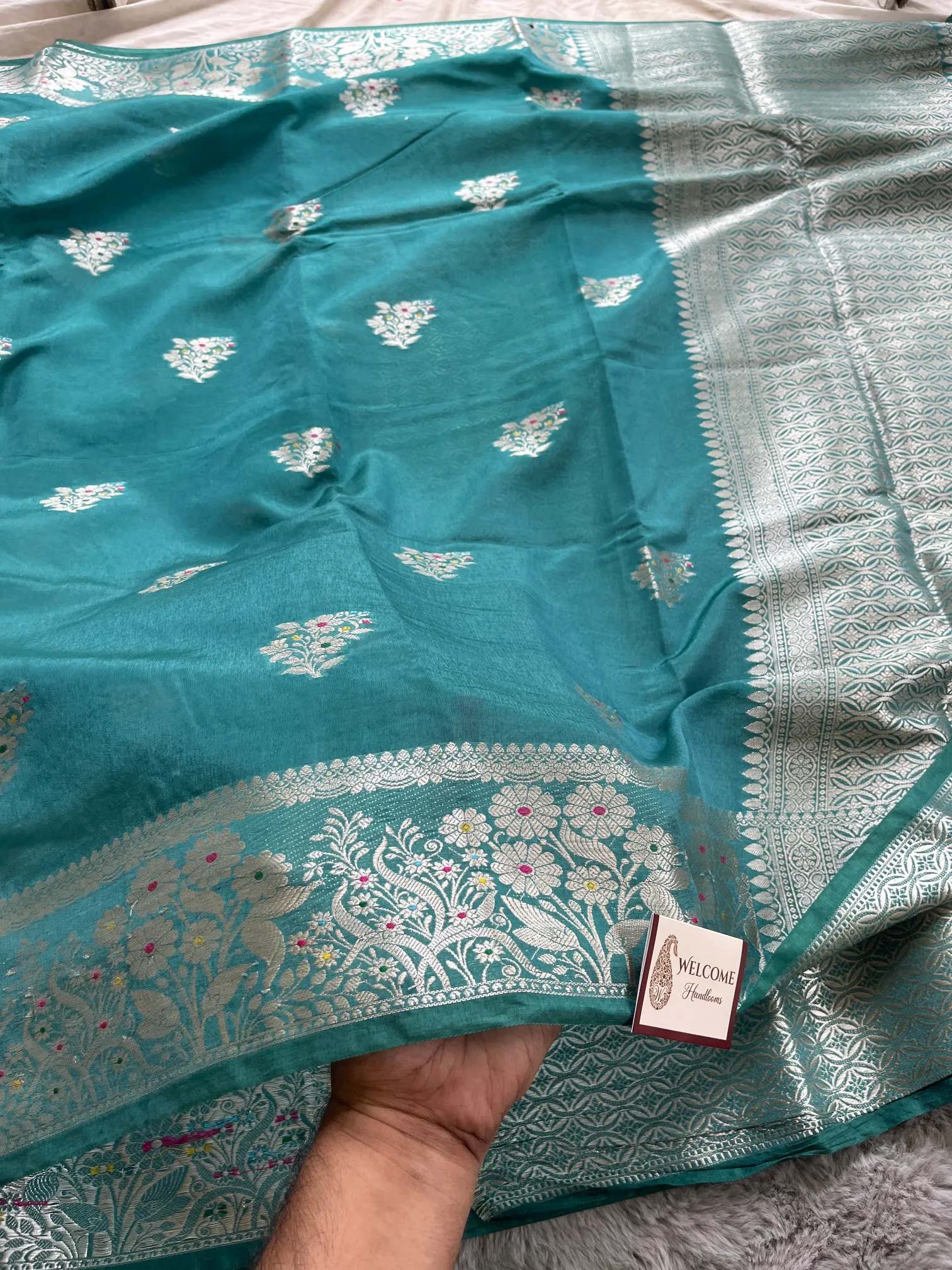 Mint Green Minakari Viscose Silk Banarasi Saree - Image 3