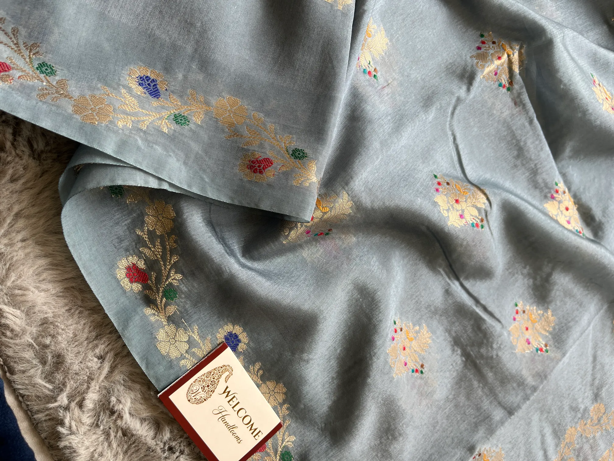 Grey Minakari Viscose Silk Banarasi Saree - Image 3