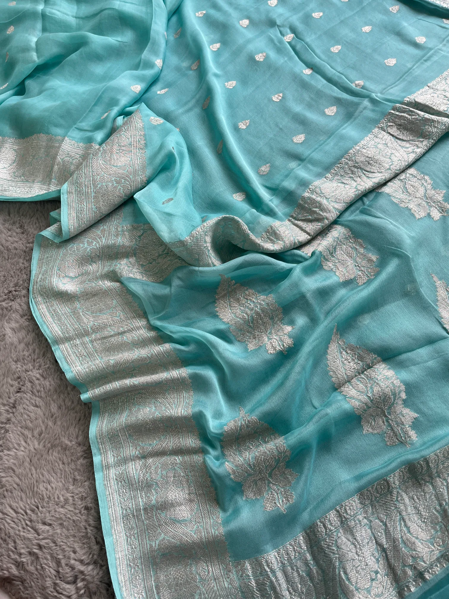 Sky Blue Rangkat Khaddi Chiffon Banarasi Saree - Image 3