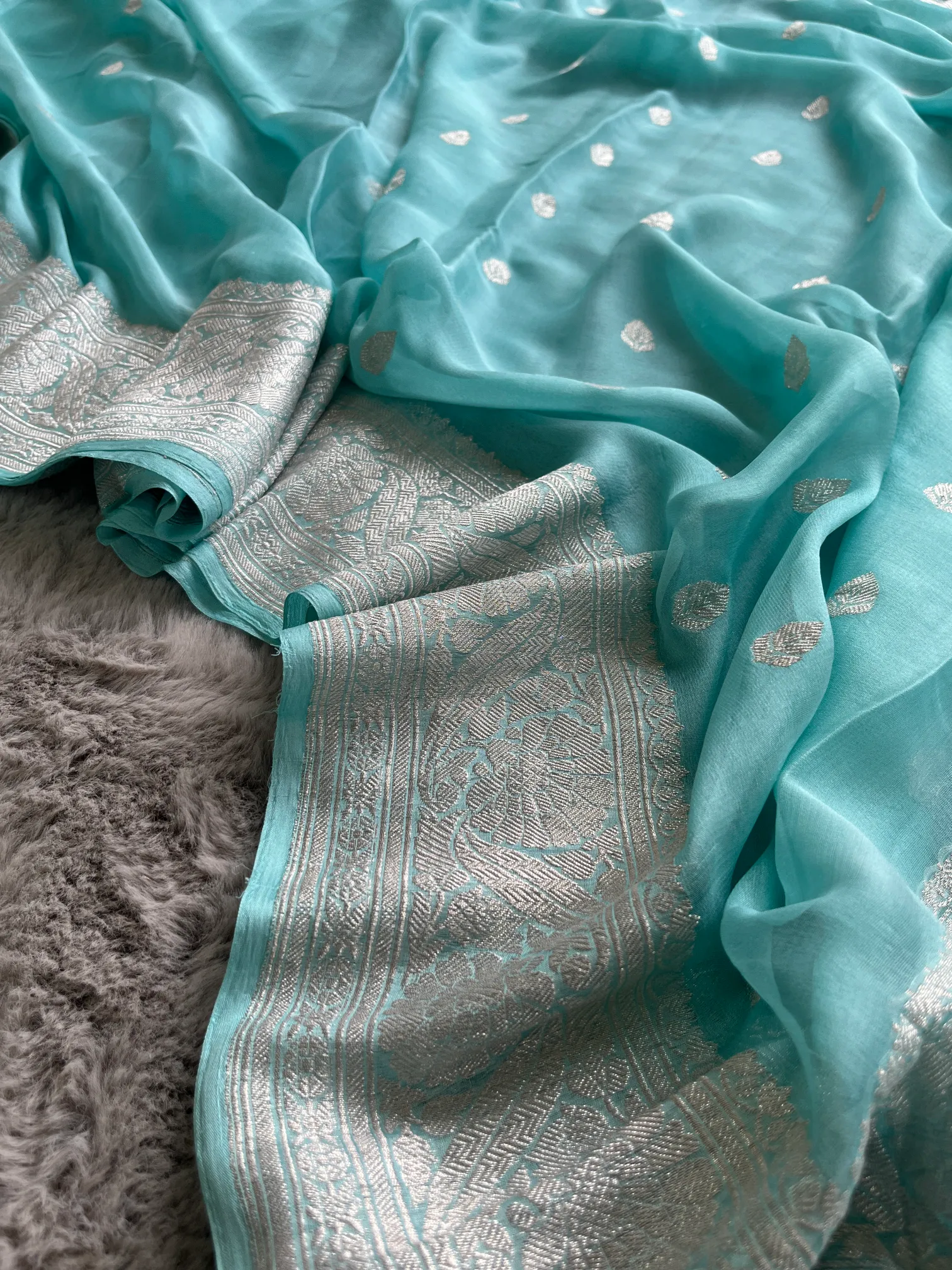 Sky Blue Rangkat Khaddi Chiffon Banarasi Saree - Image 4